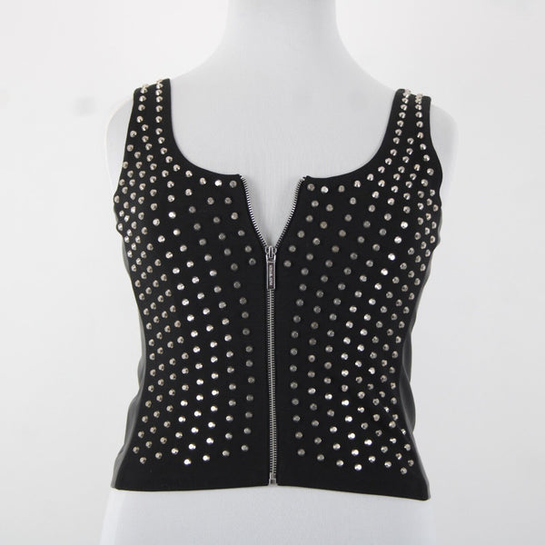 Michael Kors NEW $300 Sz 14 Black Silver Stud Faux Leather Lined 2 Way Wear Vest