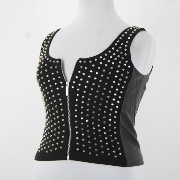 Michael Kors NEW $300 Sz 14 Black Silver Stud Faux Leather Lined 2 Way Wear Vest