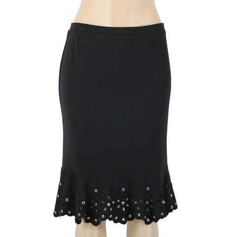 Michael Kors Sz 6 Black Silver Rivets Keyholes Elastic Waist 100% Poly Skirt
