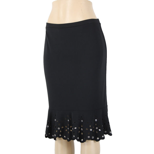 Michael Kors Sz 6 Black Silver Rivets Keyholes Elastic Waist 100% Poly Skirt