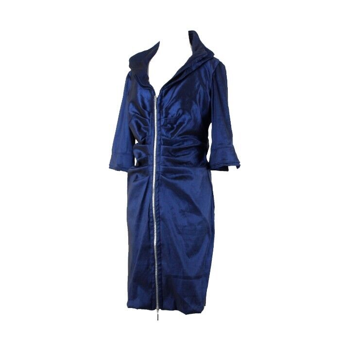 Joseph Ribkoff Sz 12 Navy Blue Unlined Ruched Bodycon Zipper Detail Dress