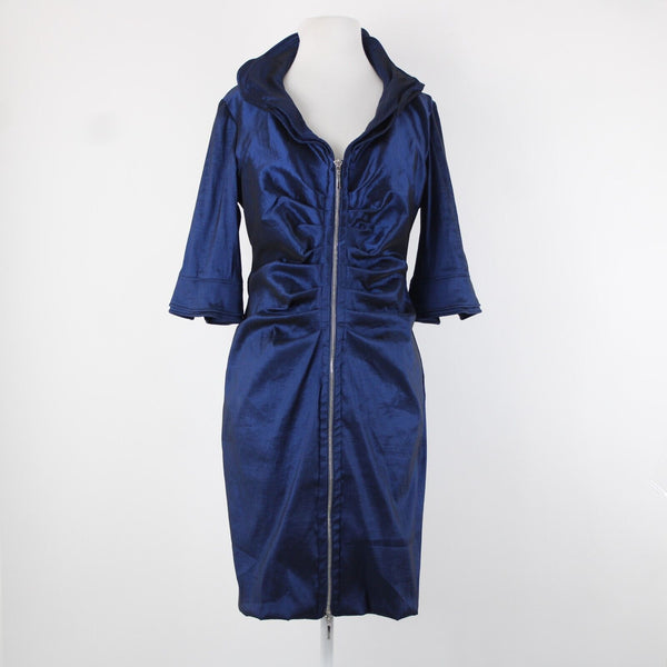 Joseph Ribkoff Sz 12 Navy Blue Unlined Ruched Bodycon Zipper Detail Dress