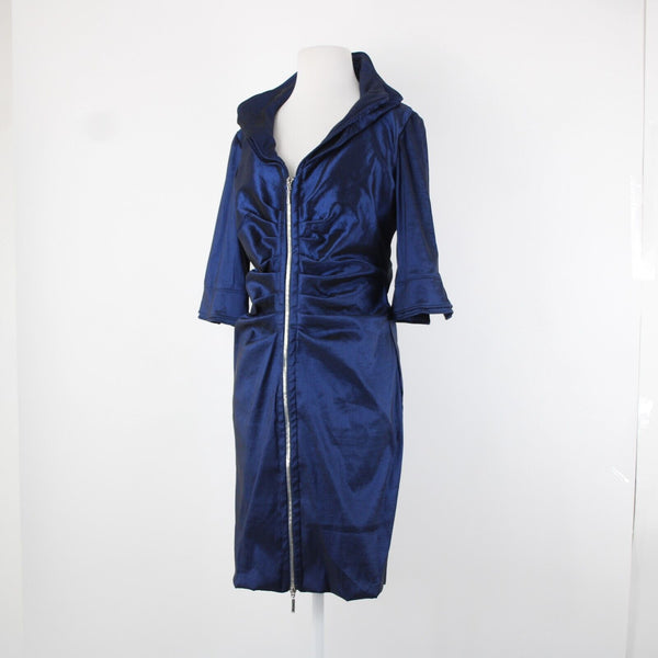 Joseph Ribkoff Sz 12 Navy Blue Unlined Ruched Bodycon Zipper Detail Dress