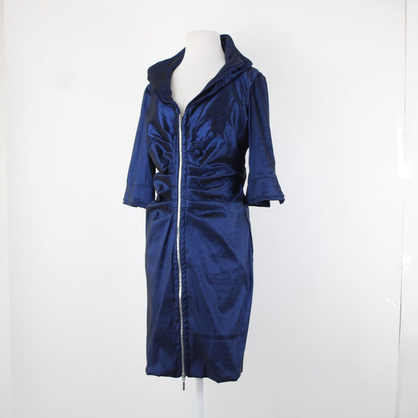 Joseph Ribkoff Sz 12 Navy Blue Unlined Ruched Bodycon Zipper Detail Dress