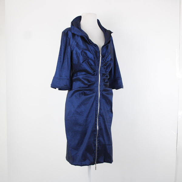 Joseph Ribkoff Sz 12 Navy Blue Unlined Ruched Bodycon Zipper Detail Dress