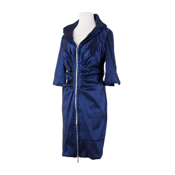 Joseph Ribkoff Sz 12 Navy Blue Unlined Ruched Bodycon Zipper Detail Dress