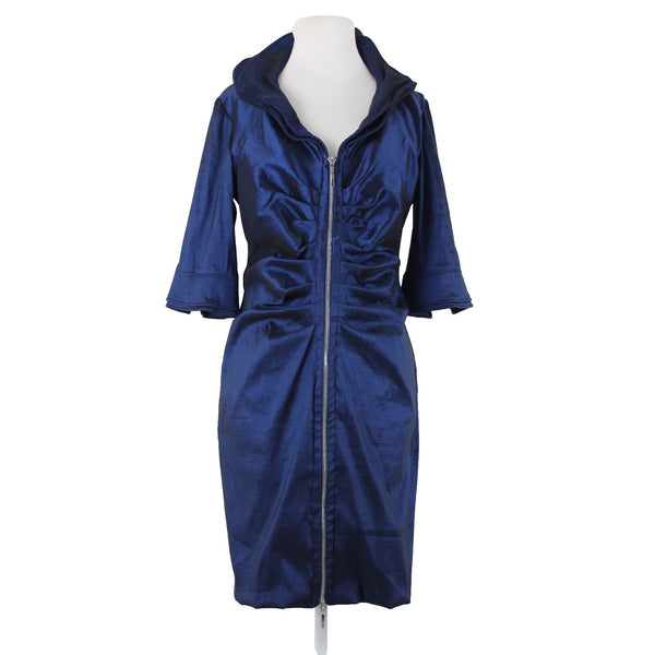 Joseph Ribkoff Sz 12 Navy Blue Unlined Ruched Bodycon Zipper Detail Dress