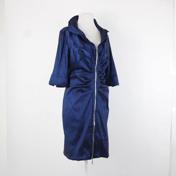 Joseph Ribkoff Sz 12 Navy Blue Unlined Ruched Bodycon Zipper Detail Dress
