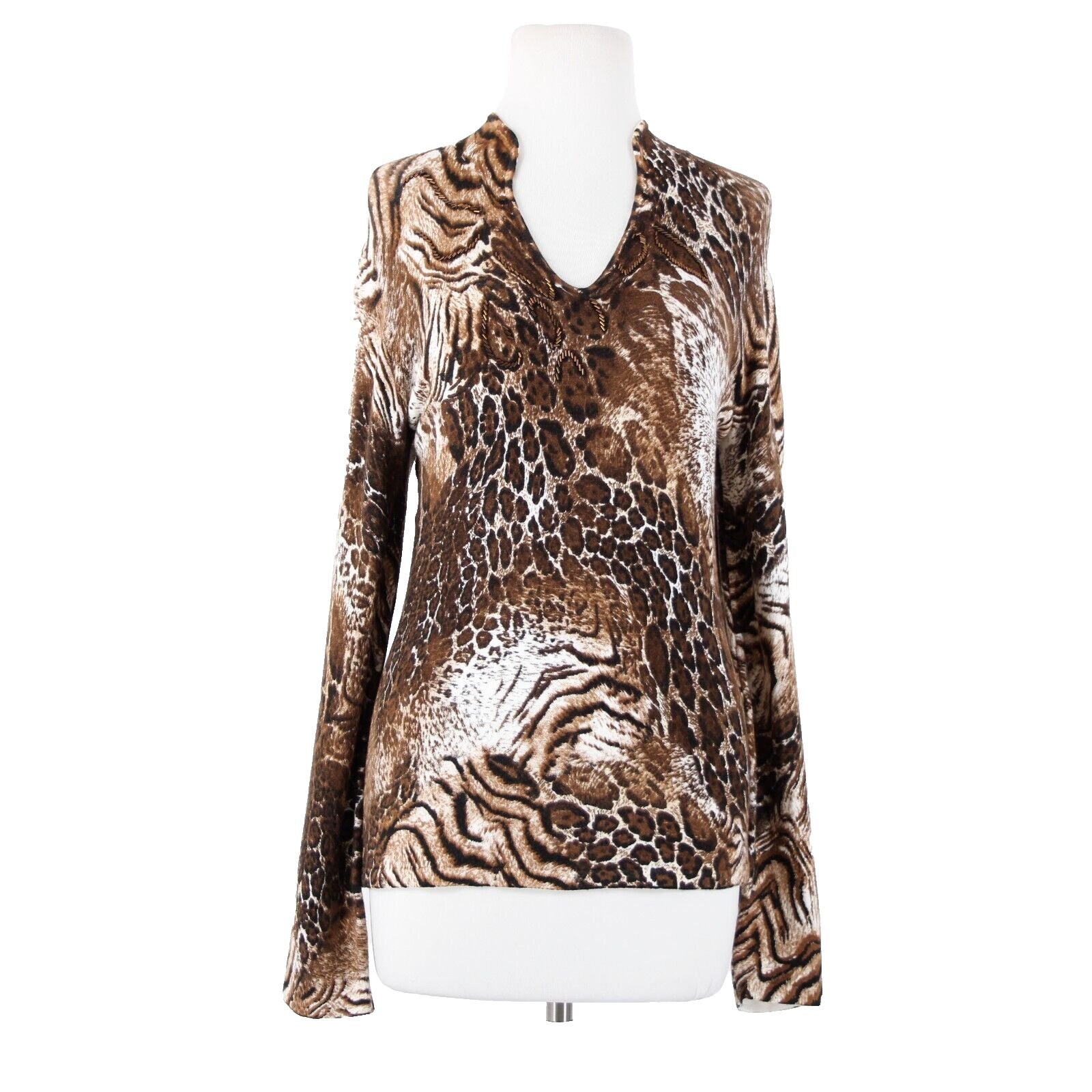 Alberto Makali Sz M Brown White Beaded V Neck Animal Print Viscose Spandex Top