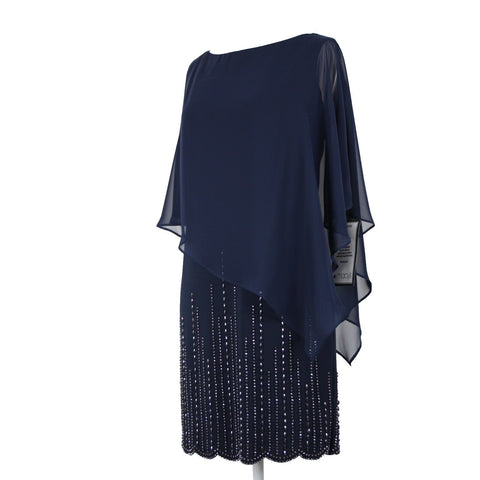 Xscape NEW $189 Sz 6P Navy Blue Beaded Lined Cold Shoulder Poly Spandex Dress