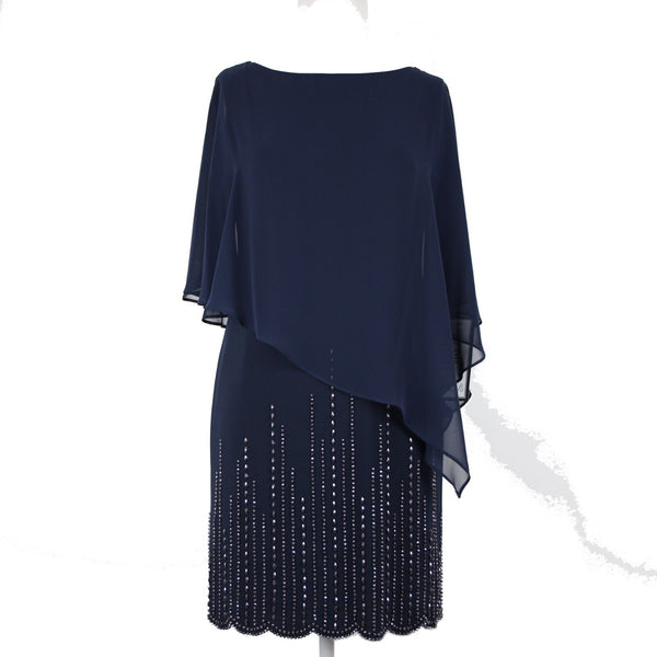 Xscape NEW $189 Sz 6P Navy Blue Beaded Lined Cold Shoulder Poly Spandex Dress