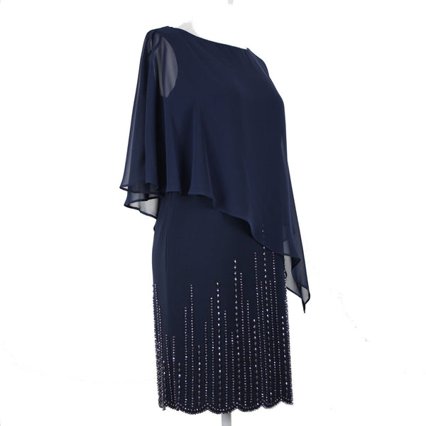Xscape NEW $189 Sz 6P Navy Blue Beaded Lined Cold Shoulder Poly Spandex Dress