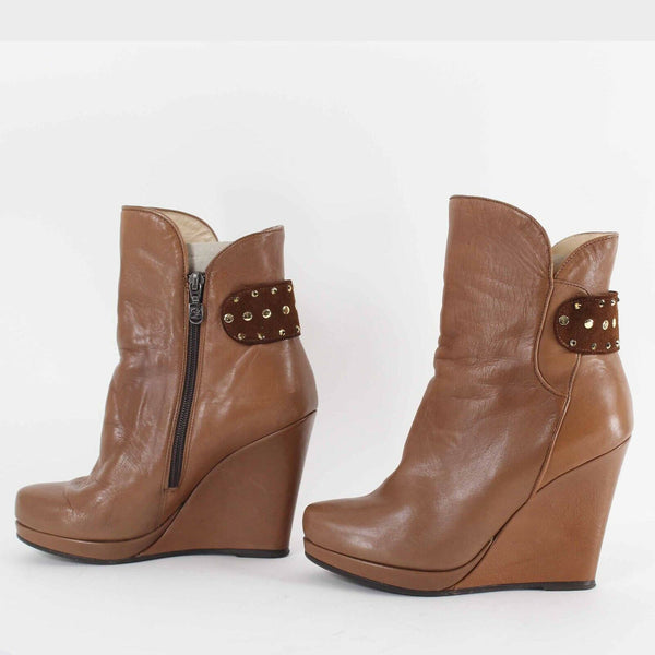 Fiorangelo NEW $436 Sz 38 Brown Winter 100% Leather Wedge 4" Boot