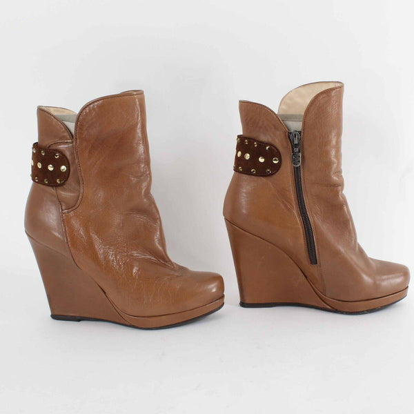 Fiorangelo NEW $436 Sz 38 Brown Winter 100% Leather Wedge 4" Boot