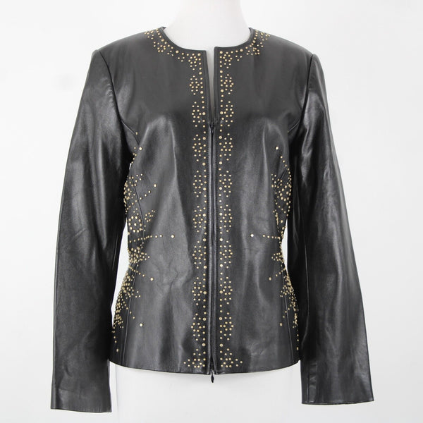 Dana Buchman Sz 12 Black Gold Stud Zipper 100% Leather Acetate Lined Jacket