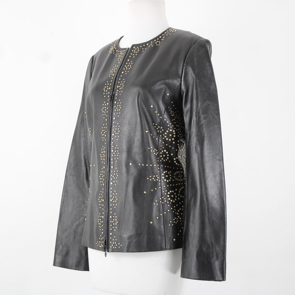 Dana Buchman Sz 12 Black Gold Stud Zipper 100% Leather Acetate Lined Jacket