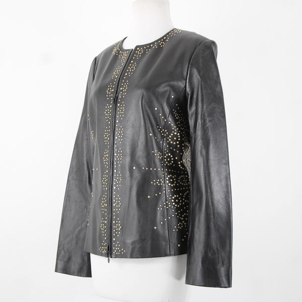 Dana Buchman Sz 12 Black Gold Stud Zipper 100% Leather Acetate Lined Jacket