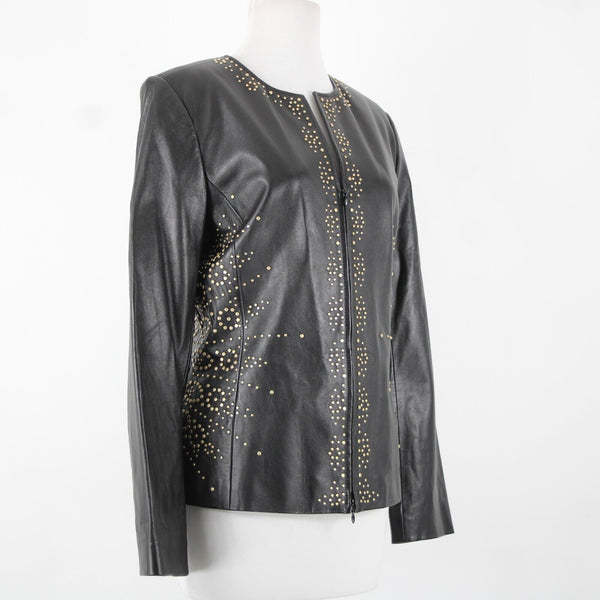Dana Buchman Sz 12 Black Gold Stud Zipper 100% Leather Acetate Lined Jacket