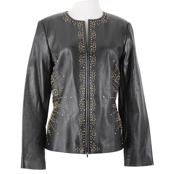 Dana Buchman Sz 12 Black Gold Stud Zipper 100% Leather Acetate Lined Jacket