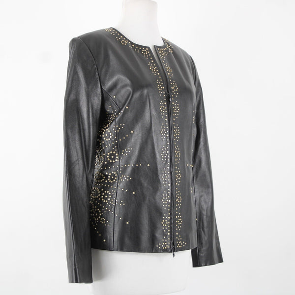 Dana Buchman Sz 12 Black Gold Stud Zipper 100% Leather Acetate Lined Jacket
