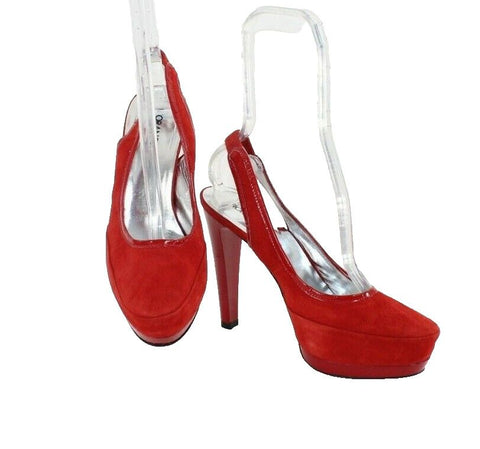 Fiorangelo $303 Sz 39 Red Suede Leather Platform Slingback 4.75" Heels