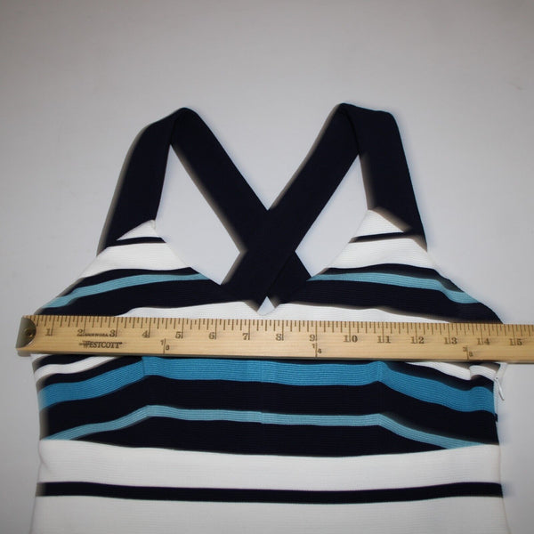 White House Black Market Sz 2 Navy Blue White Striped Lined Poly Rayon Dress