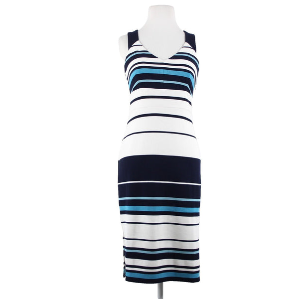 White House Black Market Sz 2 Navy Blue White Striped Lined Poly Rayon Dress