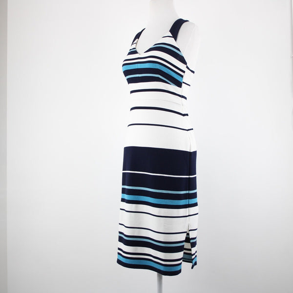 White House Black Market Sz 2 Navy Blue White Striped Lined Poly Rayon Dress