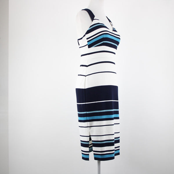 White House Black Market Sz 2 Navy Blue White Striped Lined Poly Rayon Dress