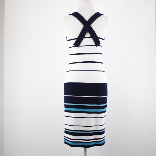 White House Black Market Sz 2 Navy Blue White Striped Lined Poly Rayon Dress