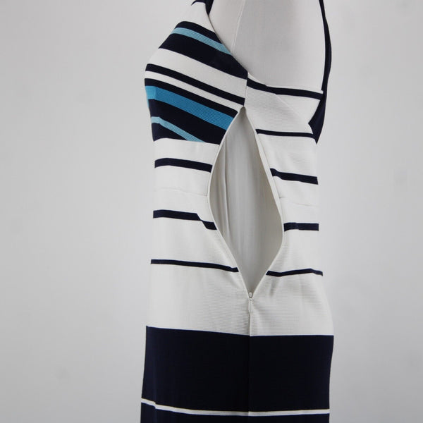 White House Black Market Sz 2 Navy Blue White Striped Lined Poly Rayon Dress