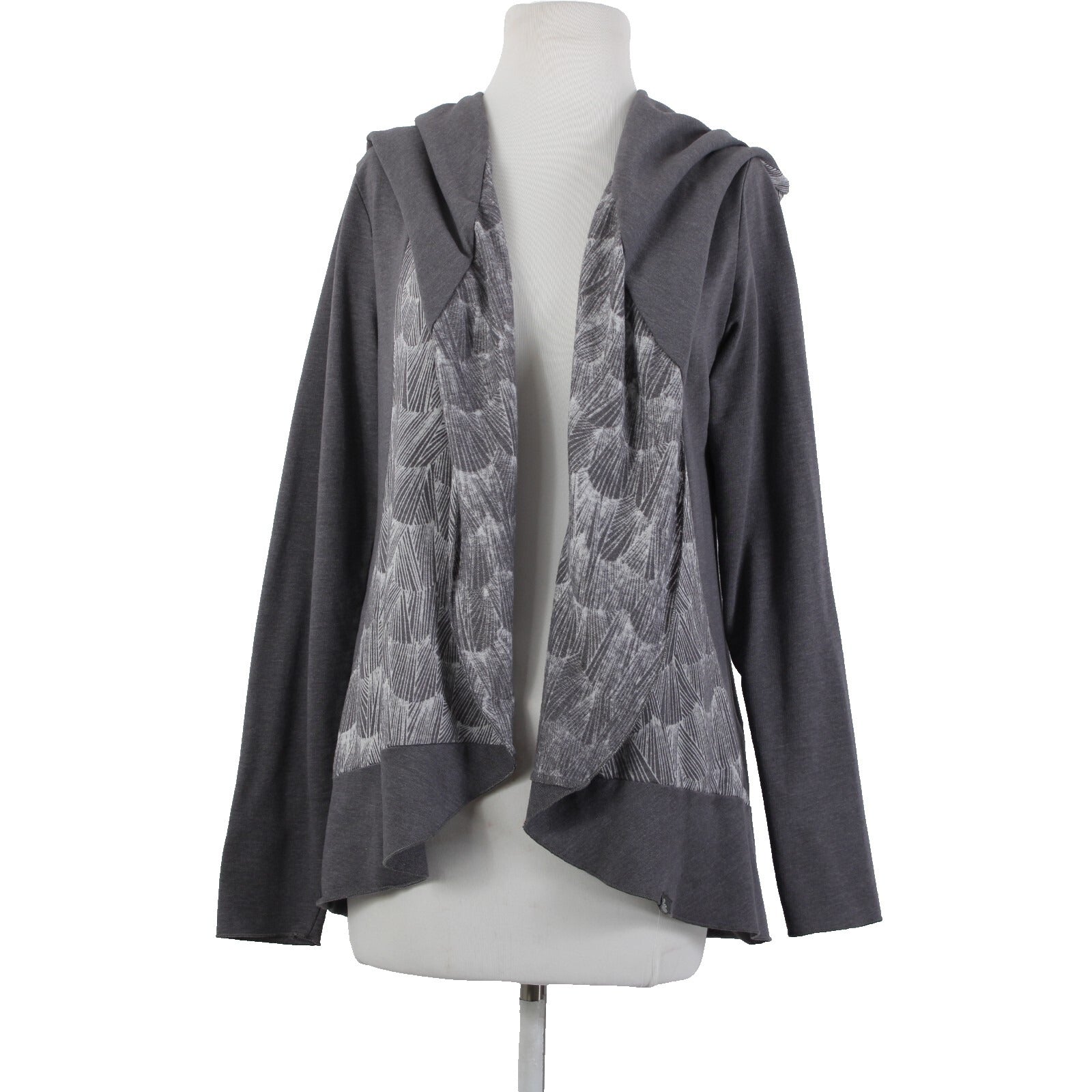 Prana Sz L Gray White Hooded Asymm Recycled Poly Organic Cotton Wrap Sweater