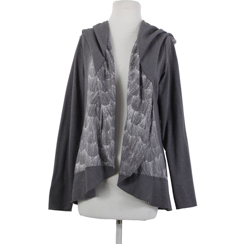 Prana Sz L Gray White Hooded Asymm Recycled Poly Organic Cotton Wrap Sweater