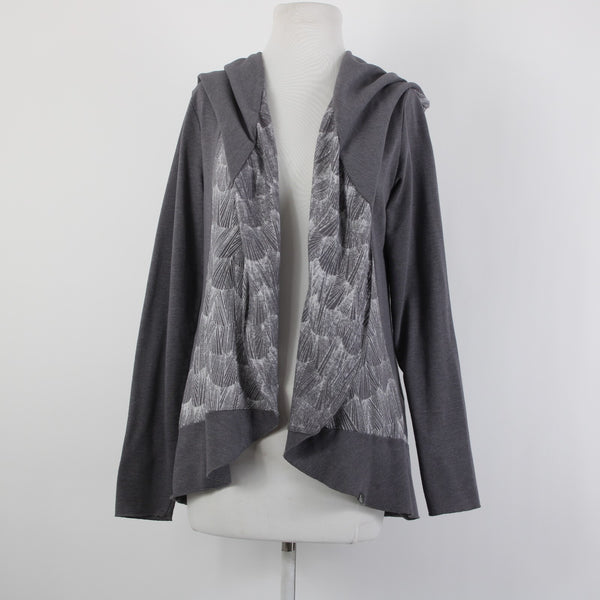 Prana Sz L Gray White Hooded Asymm Recycled Poly Organic Cotton Wrap Sweater