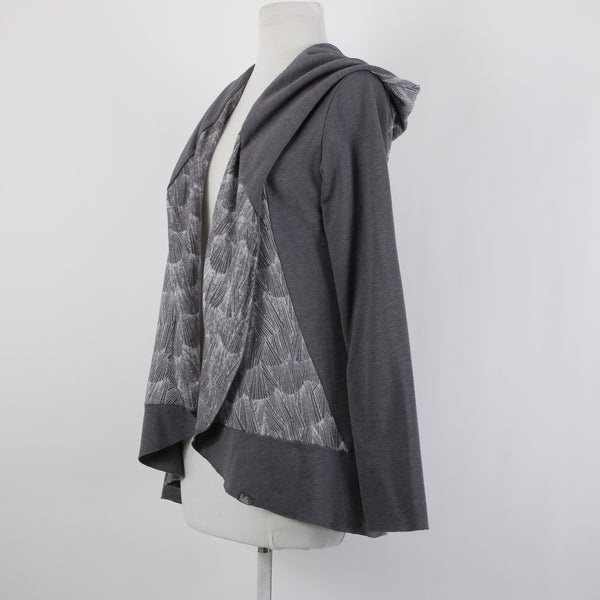 Prana Sz L Gray White Hooded Asymm Recycled Poly Organic Cotton Wrap Sweater