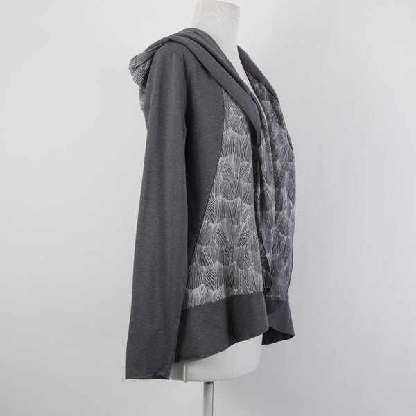 Prana Sz L Gray White Hooded Asymm Recycled Poly Organic Cotton Wrap Sweater