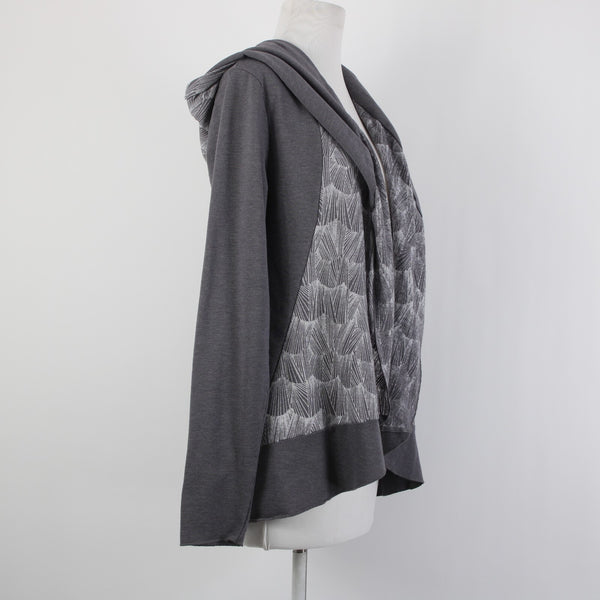 Prana Sz L Gray White Hooded Asymm Recycled Poly Organic Cotton Wrap Sweater