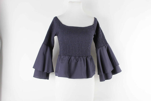 Amanda Uprichard NEW $179 Sz S Navy Blue Ruffle Beachwood 100% Cotton Top