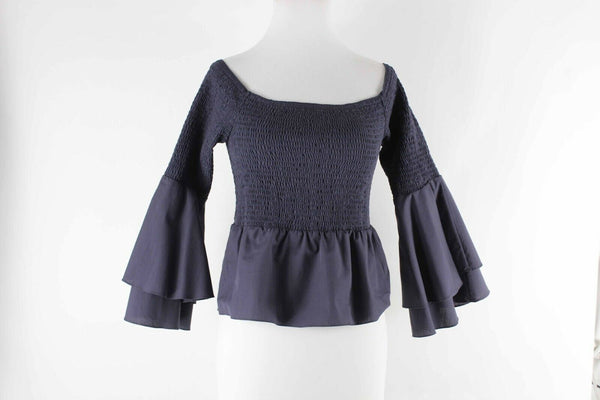 Amanda Uprichard NEW $179 Sz S Navy Blue Ruffle Beachwood 100% Cotton Top