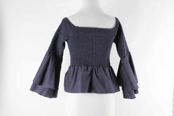 Amanda Uprichard NEW $179 Sz S Navy Blue Ruffle Beachwood 100% Cotton Top