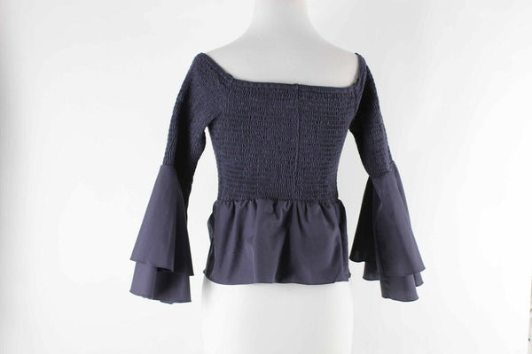 Amanda Uprichard NEW $179 Sz S Navy Blue Ruffle Beachwood 100% Cotton Top