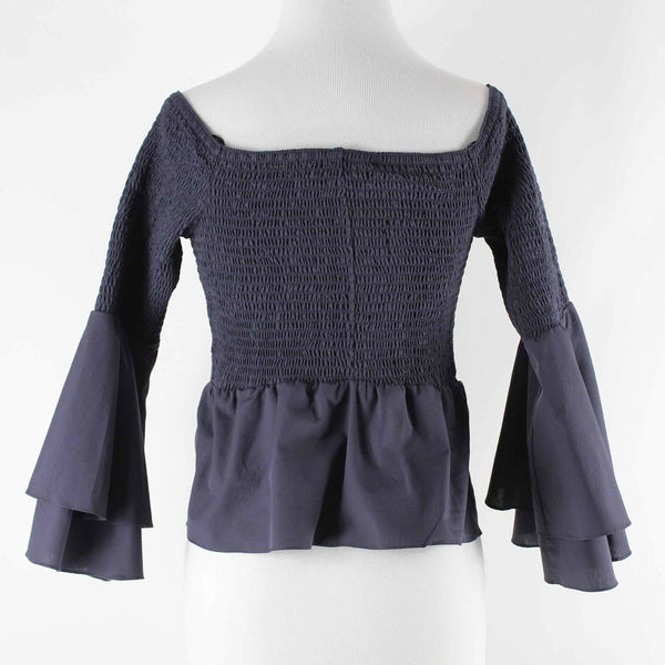 Amanda Uprichard NEW $179 Sz S Navy Blue Ruffle Beachwood 100% Cotton Top
