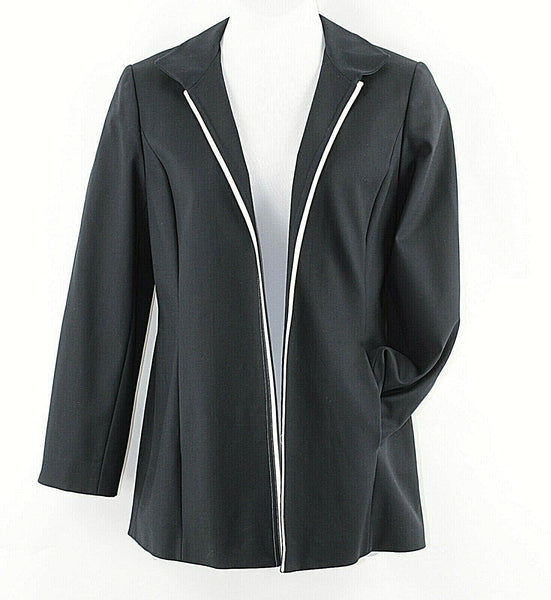 Ellen Tracy Sz 14 Black White Accent Open Cotton Spandex Acetate Lined Jacket