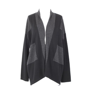 Eileen Fisher Petite Sz LP Black Gray Color Block 100% Merino Wool Wrap Sweater