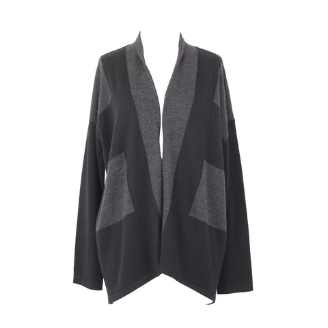 Eileen Fisher Petite Sz LP Black Gray Color Block 100% Merino Wool Wrap Sweater