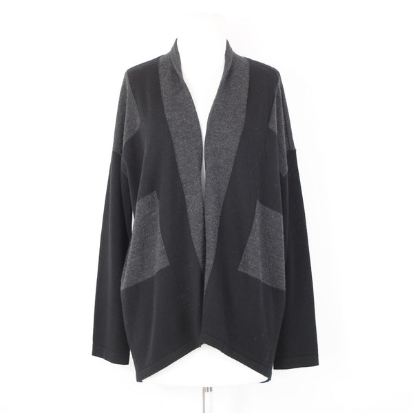 Eileen Fisher Petite Sz LP Black Gray Color Block 100% Merino Wool Wrap Sweater