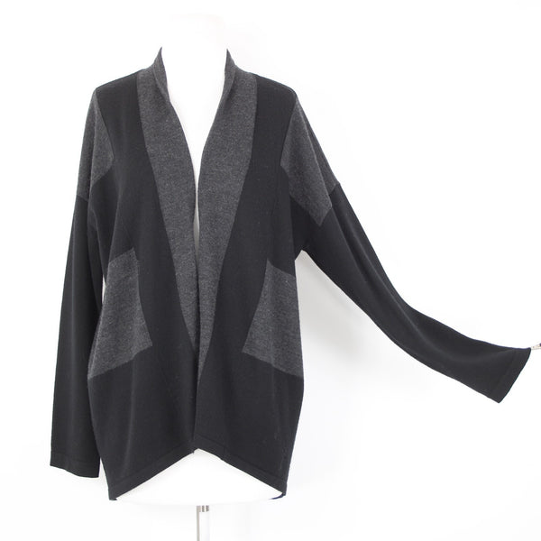 Eileen Fisher Petite Sz LP Black Gray Color Block 100% Merino Wool Wrap Sweater