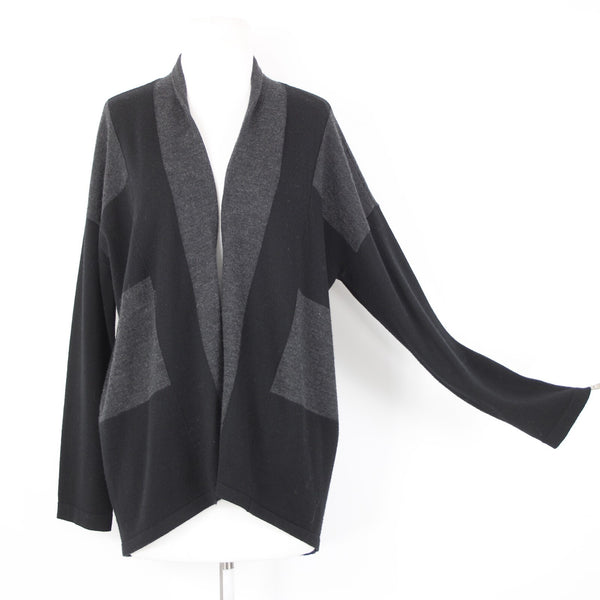 Eileen Fisher Petite Sz LP Black Gray Color Block 100% Merino Wool Wrap Sweater