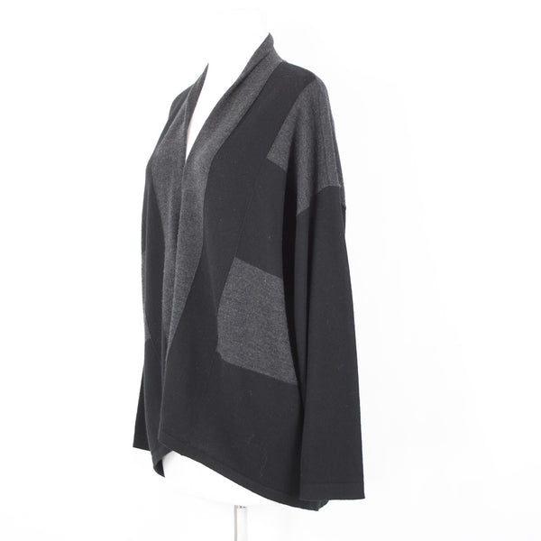 Eileen Fisher Petite Sz LP Black Gray Color Block 100% Merino Wool Wrap Sweater