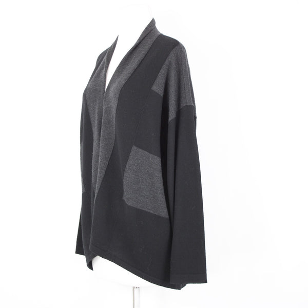 Eileen Fisher Petite Sz LP Black Gray Color Block 100% Merino Wool Wrap Sweater